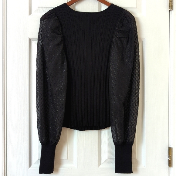 Anthropologie Ribbed Knit Scoop Neck Sheer Shimmer Puff Sleeve Sweater Black S - Picture 8 of 10